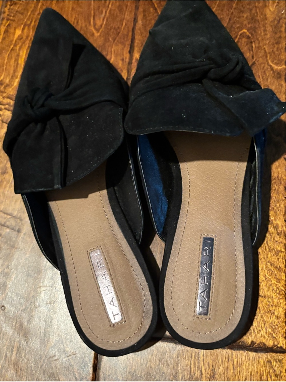 Tahari Black Suede Knotted Pointed-Toe Slip-On Flats